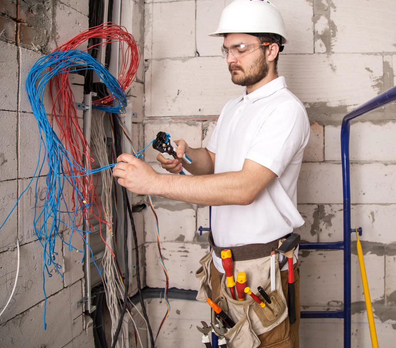 Elektryk pracujący przy przewodach w niewykończonym pomieszczeniu